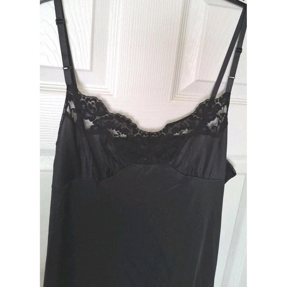 Vintage Vassarette Satin Midi Slip Dress Size 40 Black Lace Bodice Trim Coquette - Picture 4 of 4